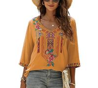 Seasonal Bohemian Embroidery Mexican Tops Women's Summer Boho Shirts Hippie Peasant 3/4 Sleeve V Neck Blouses Tunic (328-Orange, S)