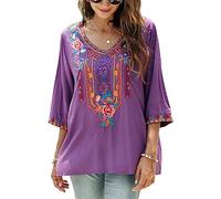 Seasonal Bohemian Embroidery Mexican Tops Women's Summer Boho Shirts Hippie Peasant 3/4 Sleeve V Neck Blouses Tunic (328-Purple, 2XL)