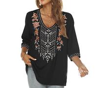 Seasonal Bohemian Embroidery Mexican Tops Women's Summer Boho Shirts Hippie Peasant 3/4 Sleeve V Neck Blouses Tunic (324-Black, S)