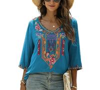 Seasonal Bohemian Embroidery Mexican Tops Women's Summer Boho Shirts Hippie Peasant 3/4 Sleeve V Neck Blouses Tunic (328-Blue, 2XL)
