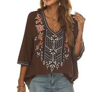 Seasonal Bohemian Embroidery Mexican Tops Women's Summer Boho Shirts Hippie Peasant 3/4 Sleeve V Neck Blouses Tunic (324-Brown, 2XL)