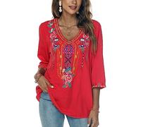 Seasonal Bohemian Embroidery Mexican Tops Women's Summer Boho Shirts Hippie Peasant 3/4 Sleeve V Neck Blouses Tunic (328-Red, 3XL)