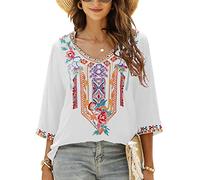 Seasonal Bohemian Embroidery Mexican Tops Women's Summer Boho Shirts Hippie Peasant 3/4 Sleeve V Neck Blouses Tunic (328-White, XL)