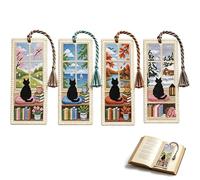 Seasonal Cat Cross Stitch Bookmark Kit for Adult Beginners, Black Cat Cross Stitch Bookmark Kit, DIY Crossstitch Kit with Instructions, Gift for Readers & Book Lovers 1.6''x5.9'' (4PCS)