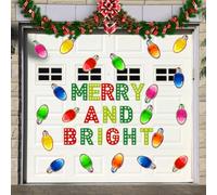 Seasonal Christmas Stickers for Garage Doors and Windows with MERRY AND BRIGHT Lettering and Colorful Bulbs Featuring Dot Glue for Secure Attachment and Clean Removal (1)