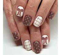 Seasonal Coffee Brown Bowknot Checkered False Nails 24Pcs Glossy Short Square Artificial Nails with White Polkas Dots ABS Materials Application ABS Fake Nail