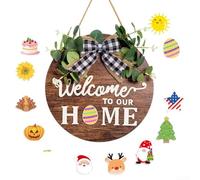 Seasonal Interchangeable Welcome Sign for Front Door, Rustic Round Wood Panels Made from Boxwood for Durable and Attractive Year Round Home Decor (brown)