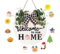 Seasonal Interchangeable Welcome Sign for Front Door, Rustic Round Wood Panels Made from Boxwood for Durable and Attractive Year Round Home Decor (white)