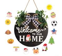 Seasonal Interchangeable Welcome Sign for Front Door, Rustic Round Wood Panels Made from Boxwood for Durable and Attractive Year Round Home Decor (black)