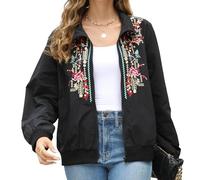 Seasonal Mexico Women's Embroidered Long Sleeve Bomber Jacket Bohemian Folk Floral Zip Up Flight Jacket With Pockets (744,BK,3XL)