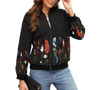 Seasonal Mexico Women's Embroidered Long Sleeve Bomber Jacket Bohemian Folk Floral Zip Up Flight Jacket With Pockets (709,BK,S)