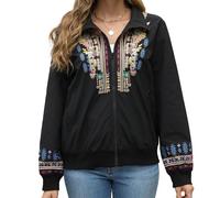 Seasonal Mexico Women's Embroidered Long Sleeve Bomber Jacket Bohemian Folk Floral Zip Up Flight Jacket With Pockets (743,BK,S)