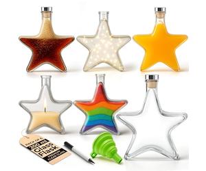SEASONAL STREET Star Shaped Glass Flask Bottles 200ml - 6 Pack Decorative Glass Bottles with Cork Lid, Labels, Pen and Funnel - Ideal for Display, Crafts or Gifts