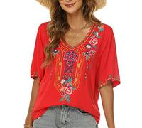 Seasonal Tunic Women's Summer Boho Blouse Folklore Embroidery Top Traditional Hippie Clothing Short Sleeve V-Neck, Red-443, XXL