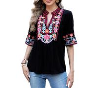 Seasonal Ukraine Blouse Summer Women's Tunic Bohemian Embroidery Folklore Tops Boho Hippie Short Sleeve Loose Top, 799-black, XXL