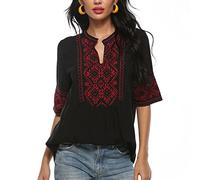Seasonal Ukraine Women's Summer Blouse Tunic Folklore Embroidery Tops Boho Hippie Short Sleeve Loose Top, 073-Black, L