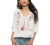 Seasonal Woman's Mexican Traditional Embroidery Blouse Summer Hippie Peasant Tops V Neck 3/4 Sleeve Casual Loose Tunic (049-White, 3XL)