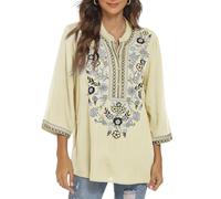 Seasonal Women's Boho Embroidered Tops Mexican Peasant Style Bohemian 3/4 Sleeve Shirt Hippie Clothes Summer Tunic Blouses (Apricot-372, XL)