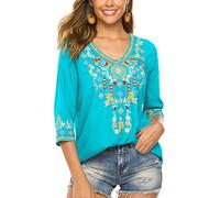 Seasonal Women's Boho Embroidered Tops Mexican Peasant Style Bohemian 3/4 Sleeve Shirt Hippie Clothes Summer Tunic Blouses (Blue, 3XL)