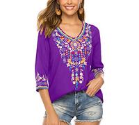 Seasonal Women's Boho Embroidered Tops Mexican Peasant Style Bohemian 3/4 Sleeve Shirt Hippie Clothes Summer Tunic Blouses (Purple, 3XL)