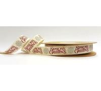Seasons Greetings Print on 15mm Ivory Cotton Ribbon by Tilly's Trims on a 5m Roll