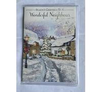 Season's Greetings To A Wonderful Neighbour Christmas Card Winter Village Street/Houses/Tree Glitter/Foil Detail(VX158B)