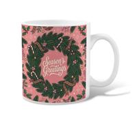Season's Greetings Wreath Holiday Quote Christmas Ceramic Coffee Mug 11oz | Season's Greetings Quote, Tea Cup, Pine Needles, Holly Berries, Candy Canes, Fanciful Illustration, Cozy Winter Aesthetic