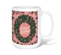 Season's Greetings Wreath Holiday Quote Christmas Ceramic Coffee Mug 15oz | Season's Greetings Quote, Tea Cup, Pine Needles, Holly Berries, Candy Canes, Fanciful Illustration, Cozy Winter Aesthetic