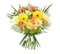 Seasons Joy Fresh Flowers Handcrafted Bouquet, Stunning Yellow Germini, Peruvian Lily, Palm and Chrysanthemum Mix, Thoughtful Gift for Birthday, Anniversary, Get Well, Sympathy or Any Special Occasion