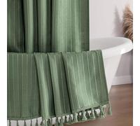Seasonwood Green 72 x 78 Inches Long Textured Vertical Stripe Tassel Shower Curtain, Wrinkle Free, Boho Minimalist, Unisex, Bathroom