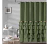 Seasonwood Green Ruffle Shower Curtain Farmhouse Shower Curtain 72 X 72 | Natural button accents, layered fabric tiers, shabby chic and French country styling for decorative bathroom updates