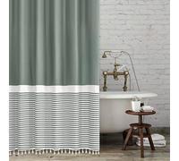 Seasonwood Shower Curtain with White Tassels Modern Farmhouse White Striped Sage Green Shower Curtains for Bathroom 72 x 72 inch Waterproof Fabric Shower Curtain Set