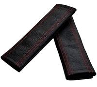 SEAT BELT COVERS PADS SHOULDER BLACK GENUINE LEATHER with RED STITCHING New