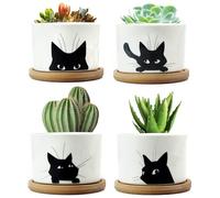 SEATOGEM 4 Pcs Succulent Plant Pots, Black Cat Ceramic Pots with Drainage Hole, Small Plant Pots with Bamboo Tray, Cute Flower Pots for Home Office Decoration