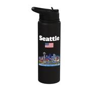 Seattle Souvenir Skyline Washington State Trip American Flag Stainless Steel Insulated Water Bottle