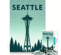 Seattle Space Needle Travel Poster 1000 Piece Jigsaw Puzzles for Teenagers Mind Challenge Toy Quiet Hobby Precise Cut Seasonal Gift (50x75cm)