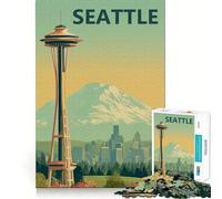 Seattle Travel Vintage Poster with Space Needle 1000 Piece Jigsaw Puzzles for Teenagers Jigsaw Think Game Calm Mind Quality Edge (38x26cm)