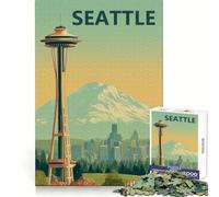 Seattle Travel Vintage Poster with Space Needle 1000 Piece Jigsaw Puzzles for Teenagers Strong Logic Toy Calm Escape Clear Edge Birthday Gift (50x75cm)