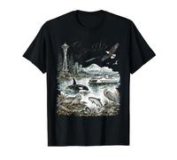 Seattle Washington Nature Scene Mt Rainier Orca Eagle Seal Value Graphic T-Shirt, Men, Black, M