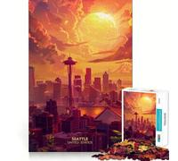 Seattle with Beauty Sunset Jigsaw Puzzles 1000 Pieces for Adults Brain Skill Stress Release Exact Edge Wall Art Decor (50x75cm)