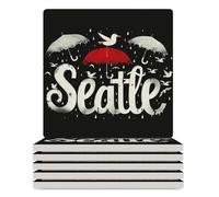 Seattles Seagull-s Umbrellas Ceramic Coasters Square Drinks Coaster Decorative Coasters Set Kitchen Desktop Decor 6PCS