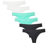 SEAUR 6 Pack Seamless Thongs for Women Breathable Tangas Underwear No Show Strings Comfortable Thongs Nylon Low Wais Panties Invisible Hipster Black Nude Green L
