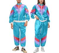 SEAUR 80s Neon Windbreaker Jacket Pants Set Retro Workout Suit Vintage Sporty Halloween Costume Polyester Satin Unisex Oversize Fit Disco Night Club Party Outfit Streetwear Collection Blue XL