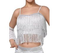 SEAUR Adjustable Strap Fringed Top Tassel Dance Costume Sparkly Festival Outfit Latin Fringe Cami Concert White S
