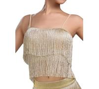 SEAUR Adjustable Strap Tassel Top Fringed Dance Costume Sparkly Fringe Crop Jazz Elastic Carnival Outfit Gold L
