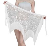 SEAUR Belly Dance Hip Scarf Women's Sparkly Sequin Fringe Adjustable Latin Dance Skirt Tassel Performance Waist Chain for Festival Rave White