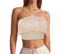 SEAUR Breathable Fringe Crop Top Women's Dance Crop Top Halter Neck Latin Outfit Soft Removable Pads UK Rave Party Festival Country Concert Nashville Khaki L