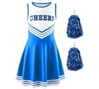 SEAUR Cheerleader Outfit Women Blue with Socks Pompoms Cheerleading Costume Sleeveless Dance Dress Party Carnival Costume Dancewear Performance Outfit M