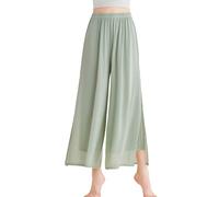 SEAUR Double Layer Sheer Lightweight Palazzo Pants Women Elastic Waist Side Slit Performance Dance Attire Flowy Practice Trousers Green M