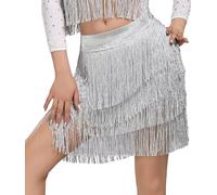 SEAUR Elastic Waist Fringe Skirt Stretch Sparkle Tassel Latin Ballroom Rehearsal Competition Dancewear Shiny White Sliver S